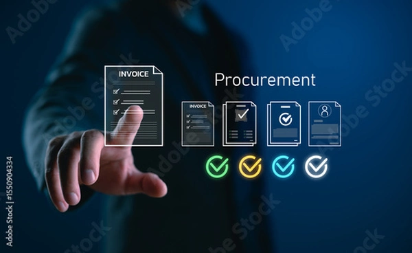 Obraz Touchless digital procurement workflow concept showing a hand selecting invoice documents with verification icons. Suitable for ERP software, B2B purchase management and paperless approval systems.