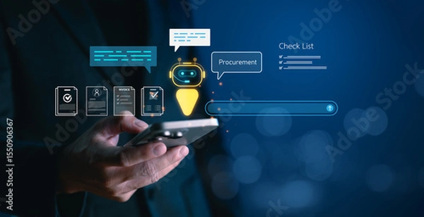 Obraz AI-powered procurement system concept with chatbot and digital invoice icons on mobile device, representing automation in B2B purchasing and mobile supply chain management solutions.