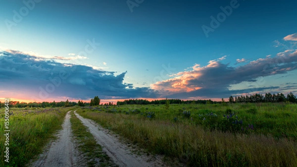 Obraz Country road and green wheat fields natural scenery at sunrise or sunset.