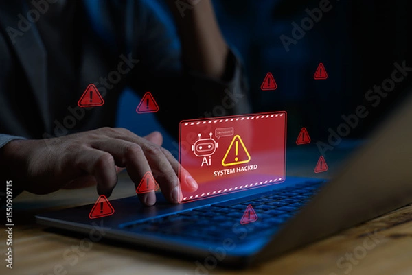 Fototapeta AI assistant detects system breach and security threats with alert interface, ideal for illustrating cyberattack warning, AI monitoring and automated incident response systems. Cybersecurity with AI.