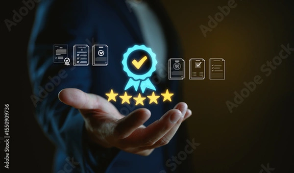 Fototapeta Quality assurance and certification concept showing five-star service, compliance documents, and verified standards, perfect for branding, trust building, and product credibility. Top of service.