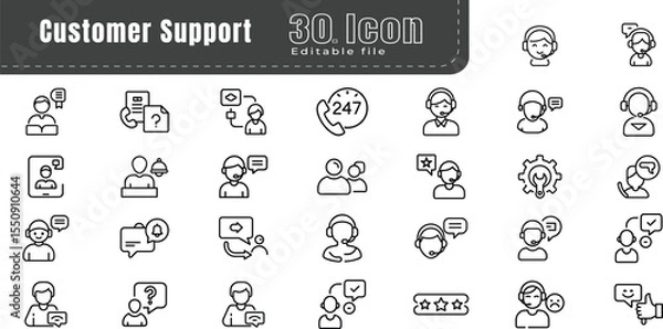 Obraz Customer Support Line Icons set. Editable Stroke. Call Center, Contact, Contact Us, Discussion, E-commerce, Expertise, Feedback, IT Support, Like Button, Loyalty, Marketing, Rating, Satisfaction, Serv