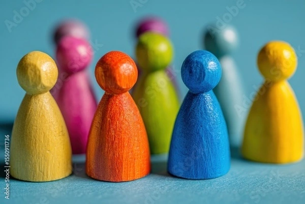 Fototapeta Colorful wooden pawns symbolize a diverse team or customer base, promoting concepts of inclusion, community, and teamwork in a business setting