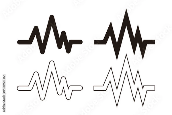 Obraz Set of four waveform or pulse line icons in different styles. Representing audio, heartbeat, or signal frequency in modern flat vector design.
