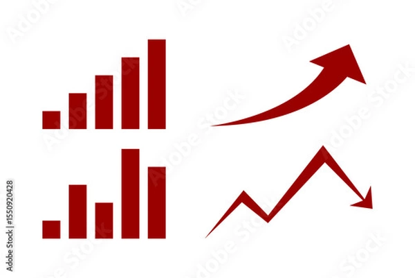 Obraz Set of red business chart icons including bar graphs and line arrows representing growth and decline. Simple flat vector style.