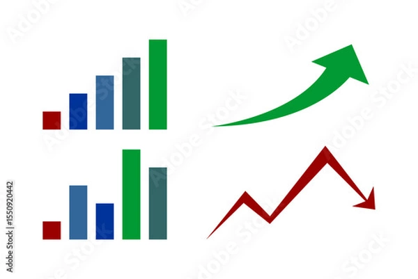 Obraz Set of red business chart icons including bar graphs and line arrows representing growth and decline. Simple flat vector style.