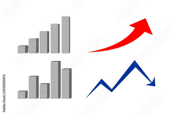 Obraz Set of red business chart icons including bar graphs and line arrows representing growth and decline. Simple flat vector style.