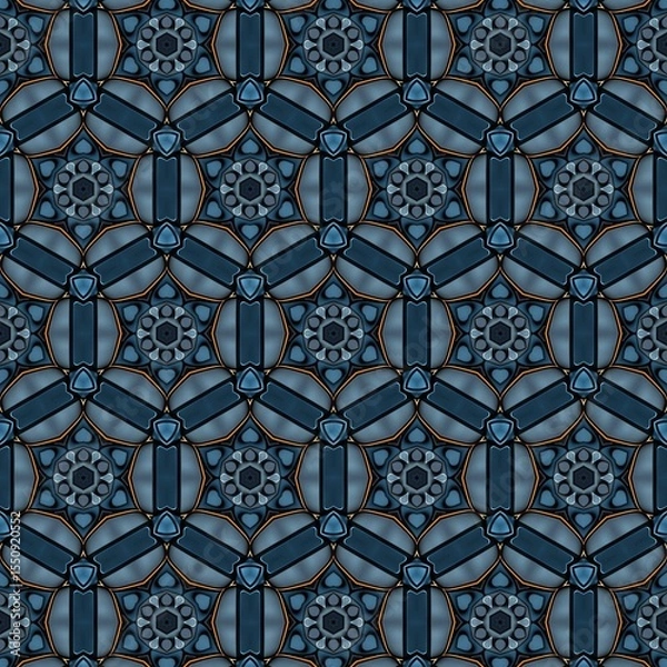 Fototapeta Stylish geometric pattern featuring a repeating design of circular shapes and intricate details in shades of blue and warm brown, set against a textured background