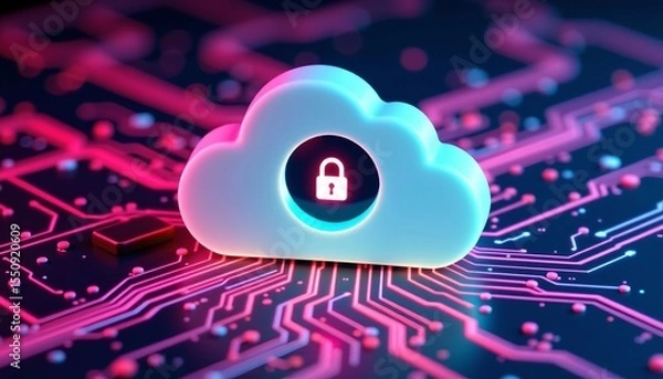 Fototapeta this image features a stylized depiction of a cloud shaped object with a security feature, the cloud is rendered in a light blue hue, with a soft