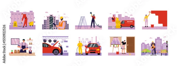 Fototapeta Worker illustrations set. Flat vector illustration concept.