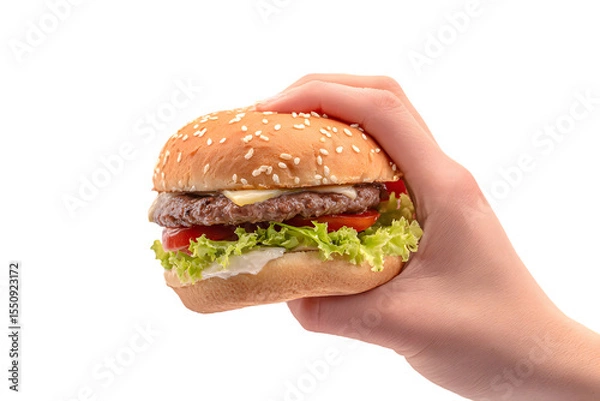 Fototapeta A hand holding a cheeseburger with lettuce tomato and a sesame seed bun on a black background view