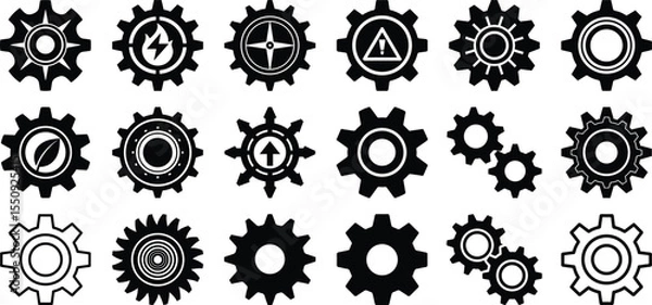 Obraz Gear icon vector bundle, black mechanical cogwheel clipart, industrial silhouette tools, process symbol design, settings pack
