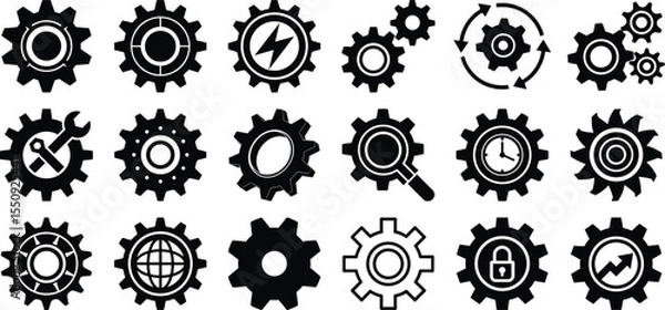 Obraz Gear icon vector set, black cogwheel silhouette clipart, industrial mechanical tools, global settings and digital process symbols