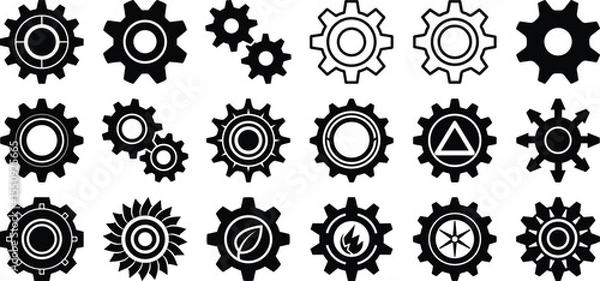 Obraz Gear icon silhouette pack, black cogwheel symbols, abstract mechanical shapes, industrial process tools, vector clipart set