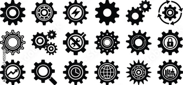 Obraz Black gear icon set, mechanical cogwheel symbols, industrial settings elements, vector silhouette tools and process clipart