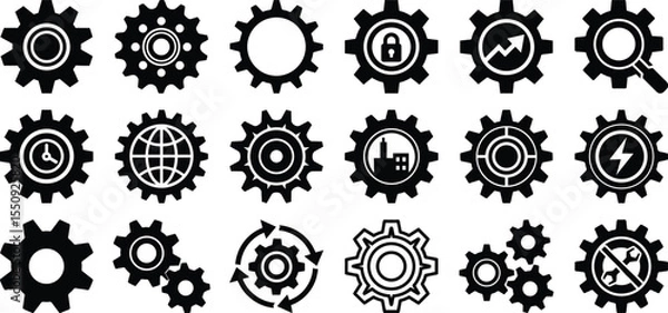 Obraz Gear icon silhouette set, black cogwheel clipart, industrial tool symbols, mechanical process vector, digital interface pack