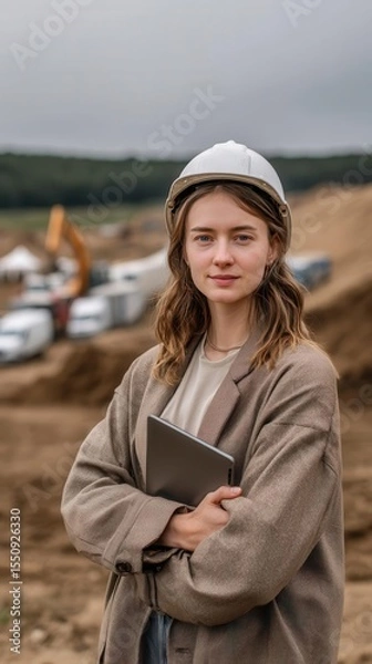 Obraz Confident female engineer with tablet on construction site