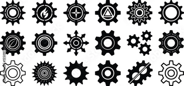 Obraz Gear icon set black, cogwheel symbols, industrial machine parts, mechanical settings tools, vector silhouette clipart