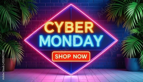 Fototapeta Neon Cyber Monday sign glowing in vibrant colors, with shop now call to action, surrounded by plants.