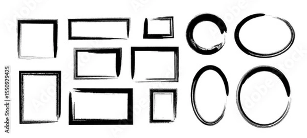 Fototapeta Box brush stroke frames line, Text box outline frame, ink paint brush square and rectangle shapes in Hand-drawn style set, Brush borders Vector illustration	