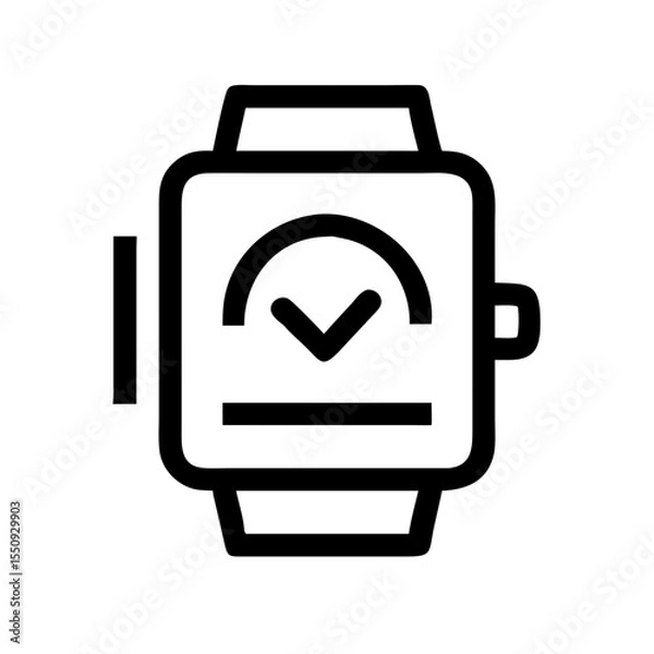 Obraz Black line icon of a smartwatch displaying a checkmark, representing wearable tech, task completion, fitness tracking, or smart notifications.
