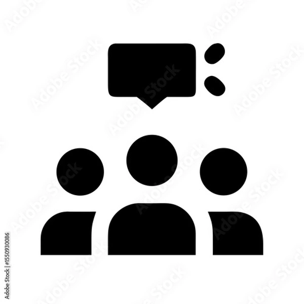 Obraz Minimal black icon showing three people and a speech bubble, symbolizing an audience, viewers, or public engagement in communication.  
