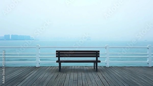 Fototapeta Wooden bench on pier overlooking hazy cityscape and ocean view in muted tones