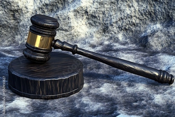 Obraz Wooden gavel and sound block with golden band on textured stone background render