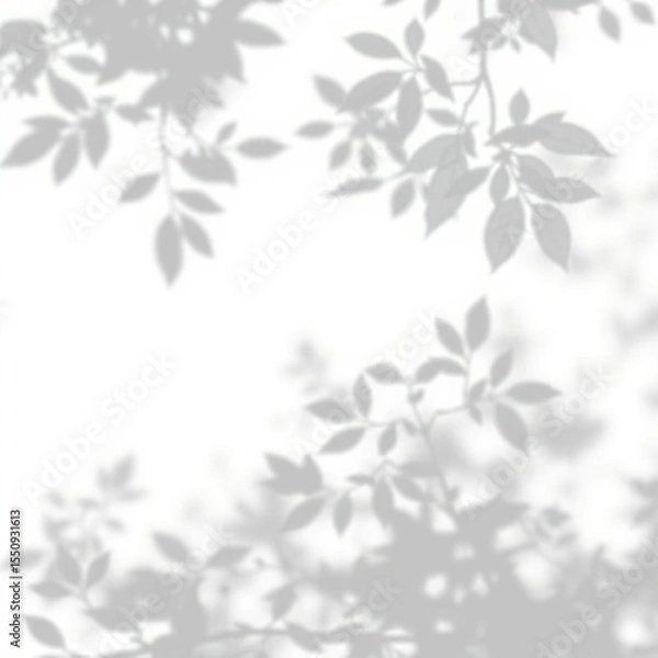 Fototapeta shadow overlay effect. Gray shadow of leaves isolated on white background. Plant foliage leaf shadow light effect. Mockup Blurred tree branch shadow. Ideal for summer spring design elements PNG