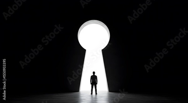 Obraz Man Standing in Front of Keyhole – Silhouette with Light Streaming Through, Symbolizing Mystery and Opportunity