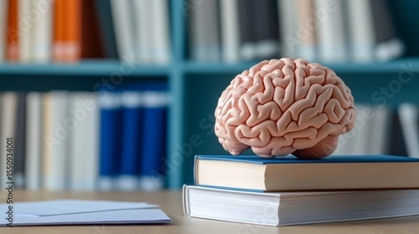 Fototapeta Pink brain model sits atop books near a teal bookshelf. A white envelope is partially visible in the foreground.