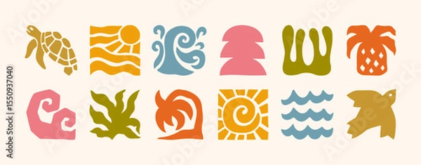 Obraz Groovy Summer Icons in Boho Style. Vector Abstract Square Tropical Illustrations in Freehand. Geometric Bird, Sun, Sea Wave, Palm, Flower, Pineapple and Turtle for Logo, Patterns, Print, Stickers