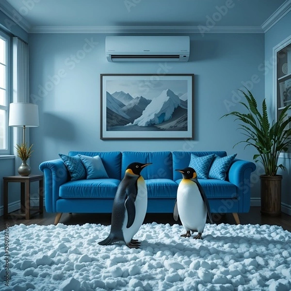 Obraz Stylish living room boasts blue sofa and wall-mounted air conditioner. A pair of penguins stand on floor covered with snow in this bizarre interior. Cool comfort.
