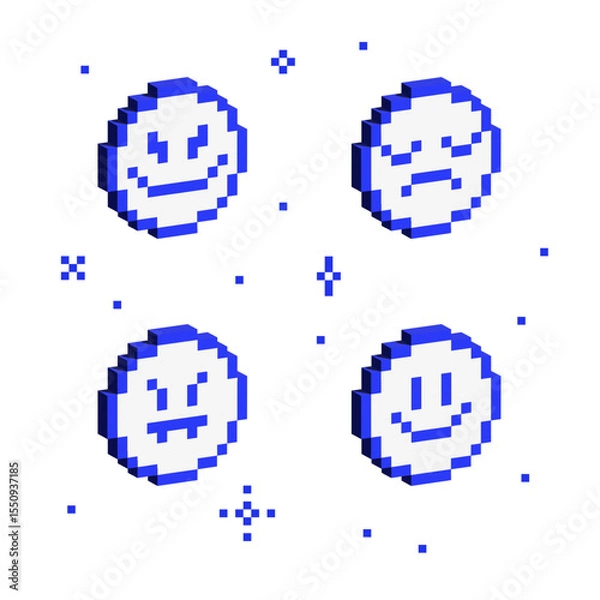 Fototapeta Set of 3d pixel emoji. Isometric 8 bit smiley. Various emotions in a voluminous 8-bit style. Brutalism design, y2k aesthetics. Vector Illustration