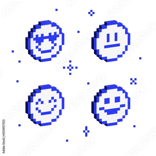 Fototapeta Set of 3d pixel emoji. 3d pixelated smiley. Various emotions in a voluminous 8-bit style. Isometric 8 bit emoji. Vector Illustration