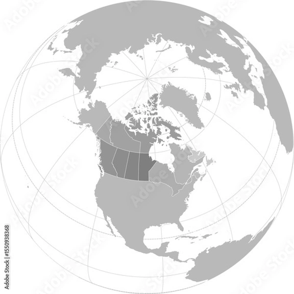 Obraz World vector map with Canada level 1 administrative boundaries and graticules (Canada-centered and highlighted view, orthographic projection, PPT-compatible & fully editable)	