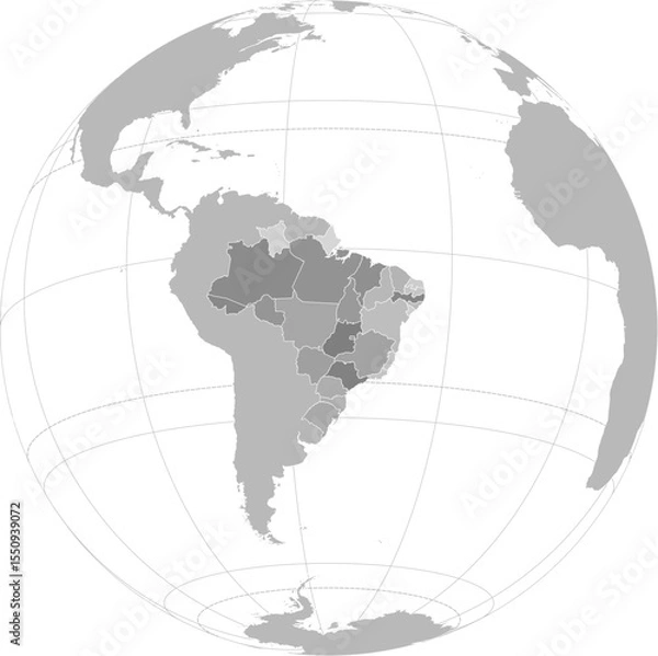 Obraz World vector map with Brazil level 1 administrative boundaries and graticules (Brazil-centered and highlighted view, orthographic projection, PPT-compatible & fully editable)	