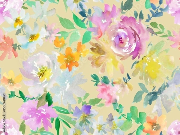 Obraz Seamless pattern of abstract watercolor roses, peonies, and wildflowers in muted tones. Hand-painted elegant botanical textile design. Floral wallpaper.