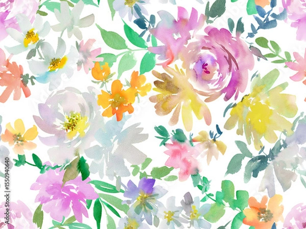 Obraz PNG seamless pattern of abstract watercolor roses, peonies, and wildflowers in muted tones. Hand-painted elegant botanical textile design with transparent background. Floral wallpaper.