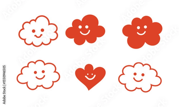 Fototapeta Modern vector illustration featuring playful doodles, fluffy clouds, and oval smiley faces, a heart-shaped smiley, and a simple flower, easily editable.