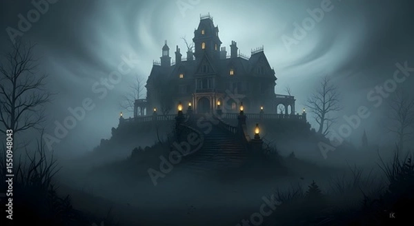 Fototapeta A dark, gothic castle silhouette rises against the night sky, nestled in a forest, overlooking a European city skyline