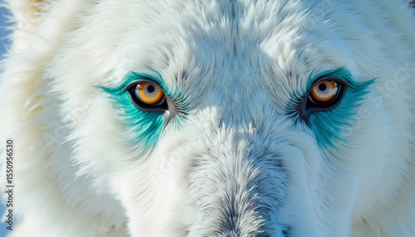 Obraz Arctic wolf with striking blue eyeliner looking directly at camera  