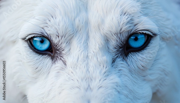 Obraz White lion with striking blue eyes looking directly at the camera  
