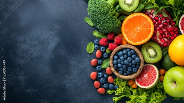 Obraz A vibrant plant-based spread with fresh fruits and greens, on a dark background, illuminated by natural sunlight for a wholesome, earthy feel.