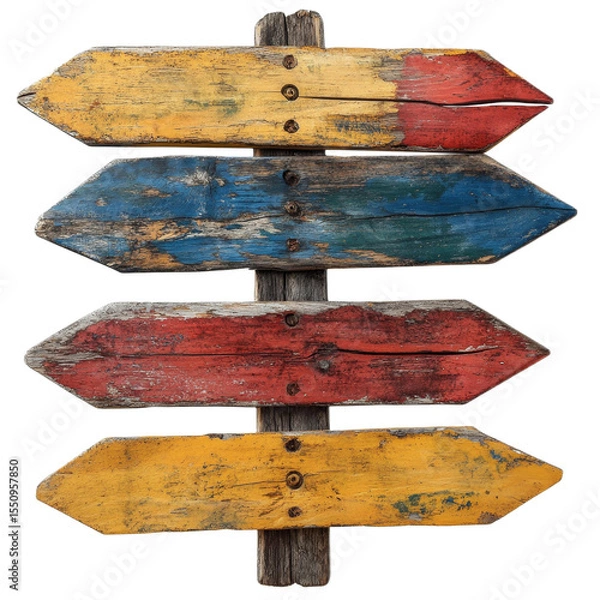 Obraz Four weathered wooden directional signs in yellow, blue, red, and yellow, mounted on a post with visible nail heads and textured paint wear.