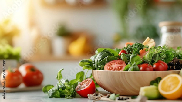 Obraz A vibrant plant-based spread with fresh vegetables and greens on a rustic wooden table, illuminated by natural sunlight for a wholesome, earthy feel.