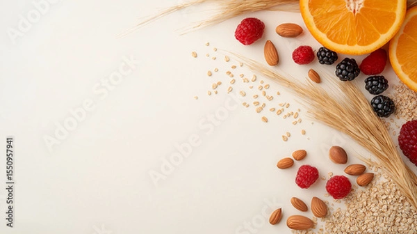 Obraz A nutritious plant-based spread with vibrant fruits, whole grains, and nuts, arranged on a clean, minimalist background for a fresh and balanced look.