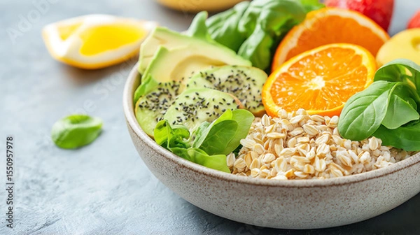 Obraz A vibrant plant-based spread with fresh fruits, greens, and grains on a rustic table, illuminated by natural sunlight for a wholesome, earthy feel.