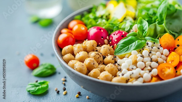Obraz A vibrant plant-based spread with fresh vegetables, greens, and grains on a rustic table, illuminated by natural sunlight for a wholesome, earthy feel.