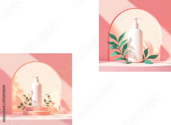 Obraz Vsai white cosmetic bottle with pump dispenser on pink arch background displaying sustainable beauty product